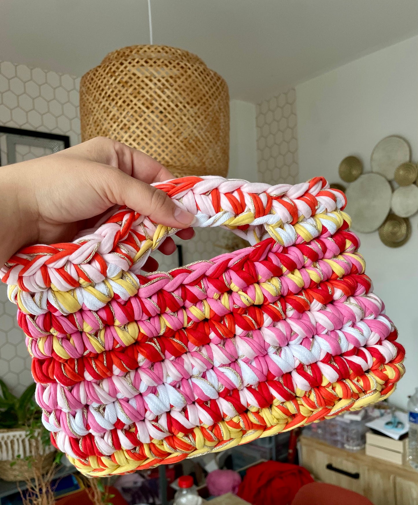Sac Alba orange, rose pâle, rose, blanc, jaune, rouge, avec un fil doré, taille M